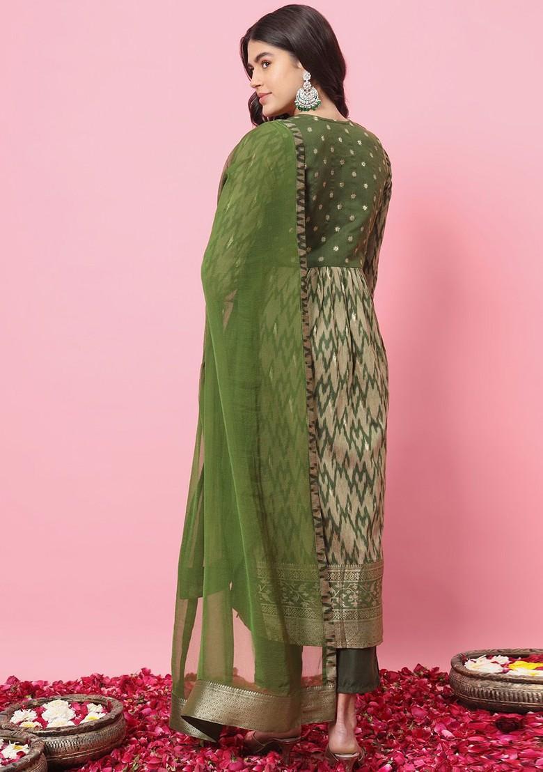 Green Floral Print Poly Blend Kurta Set