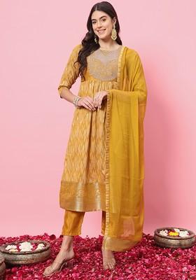 Mustard Printed Poly Blend Kurta Set