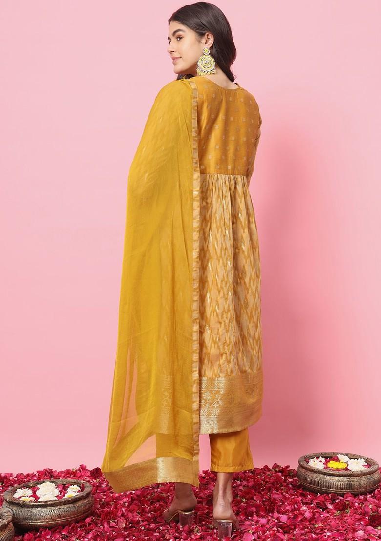 Mustard Printed Poly Blend Kurta Set