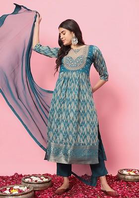 Teal Abstract Print Poly Blend Kurta Set