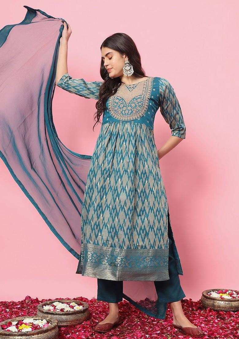 Teal Abstract Print Poly Blend Kurta Set