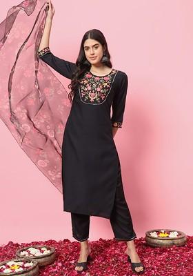 Black Floral Embroidered Poly Blend Kurta Set