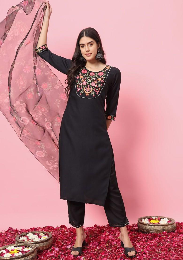 Black Floral Embroidered Poly Blend Kurta Set