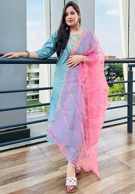 Blue Floral Embroidered Poly Blend Kurta Set