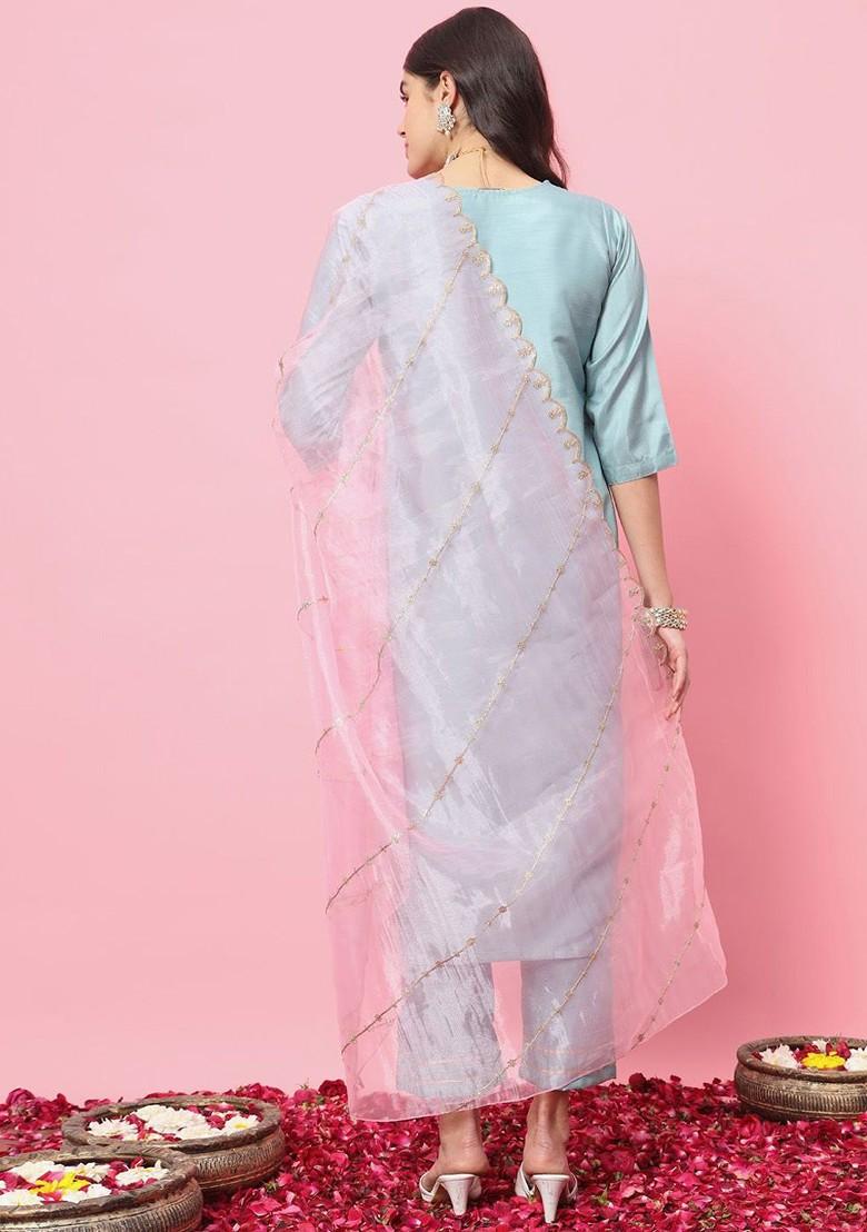 Blue Floral Embroidered Poly Blend Kurta Set