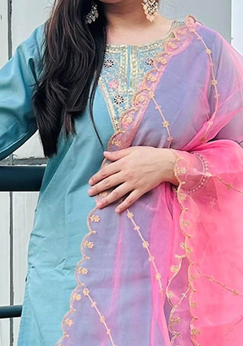 Blue Floral Embroidered Poly Blend Kurta Set