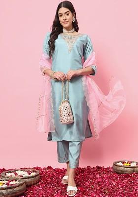 Blue Floral Embroidered Poly Blend Kurta Set