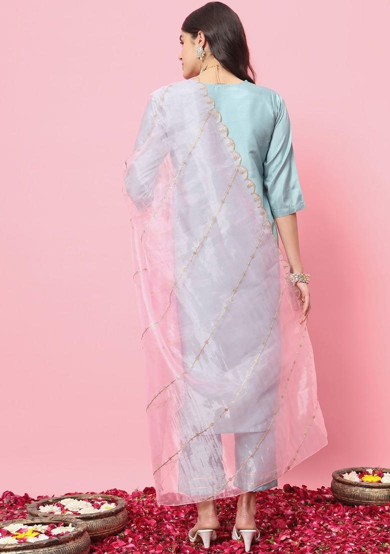 Blue Floral Embroidered Poly Blend Kurta Set