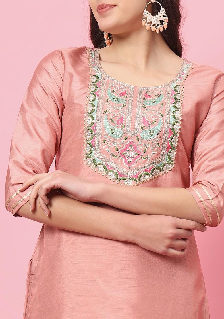 Peach Solid Poly Blend Kurta Set
