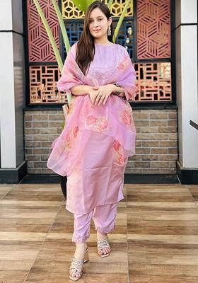 Lavender Printed Poly Blend Kurta Set