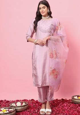 Lavender Ethnic Motifs Embroidery Poly Blend Kurta Set