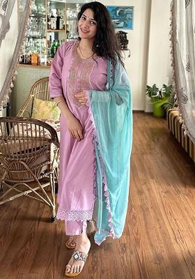 Lavender Ethnic Motifs Embroidery Poly Blend Kurta Set
