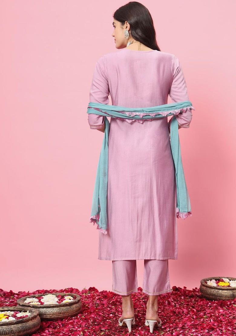 Lavender Ethnic Motifs Embroidery Poly Blend Kurta Set