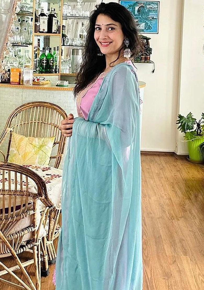 Lavender Ethnic Motifs Embroidery Poly Blend Kurta Set