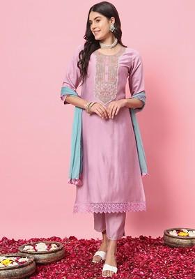 Lavender Embroidered Poly Blend Kurta Set