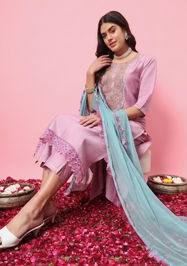 Lavender Embroidered Poly Blend Kurta Set