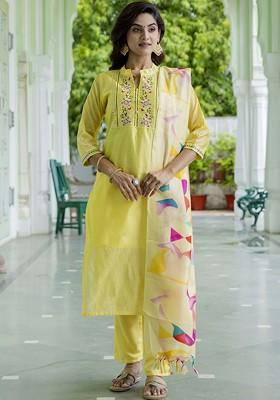 Yellow Floral Embroidered Silk Kurta Set