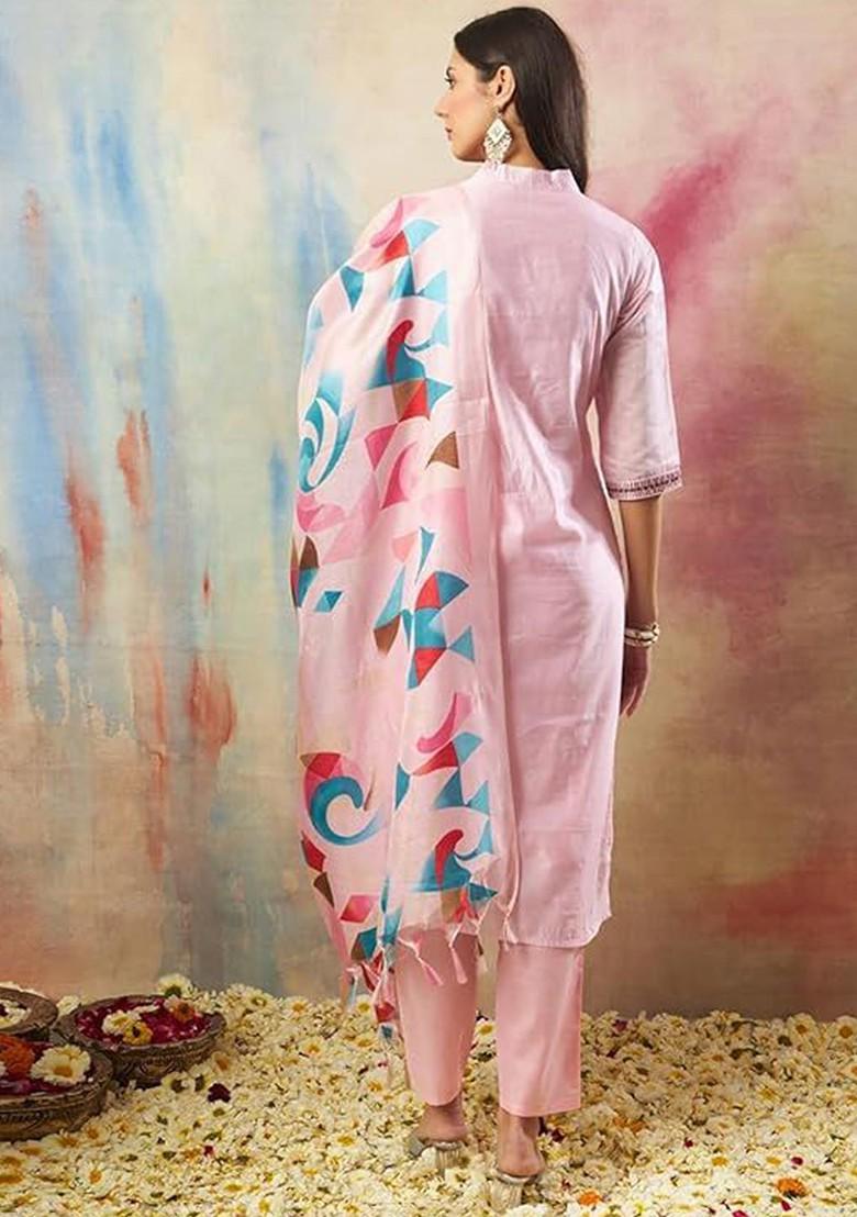 Pink Printed Silk Kurta Set