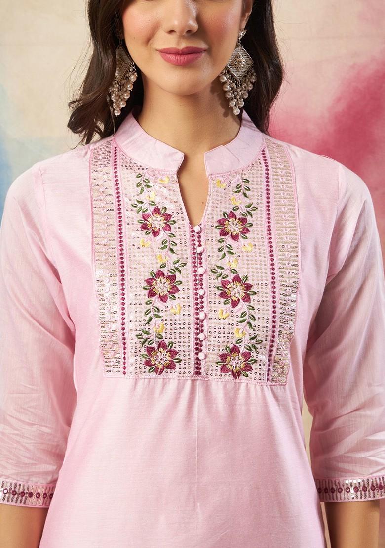Pink Floral Embroidered Silk Kurta Set
