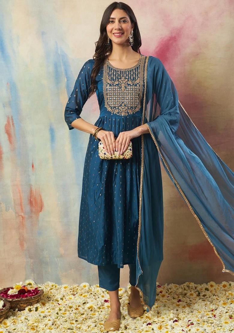 Blue Floral Embroidered Poly Blend Kurta Set