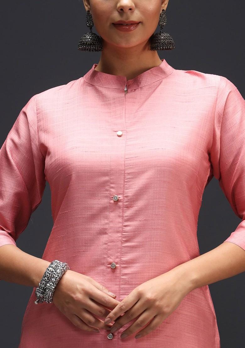 Pink Solid Poly Blend Kurta Set