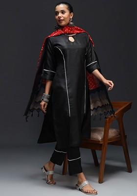 Black Solid Poly Blend Kurta Set