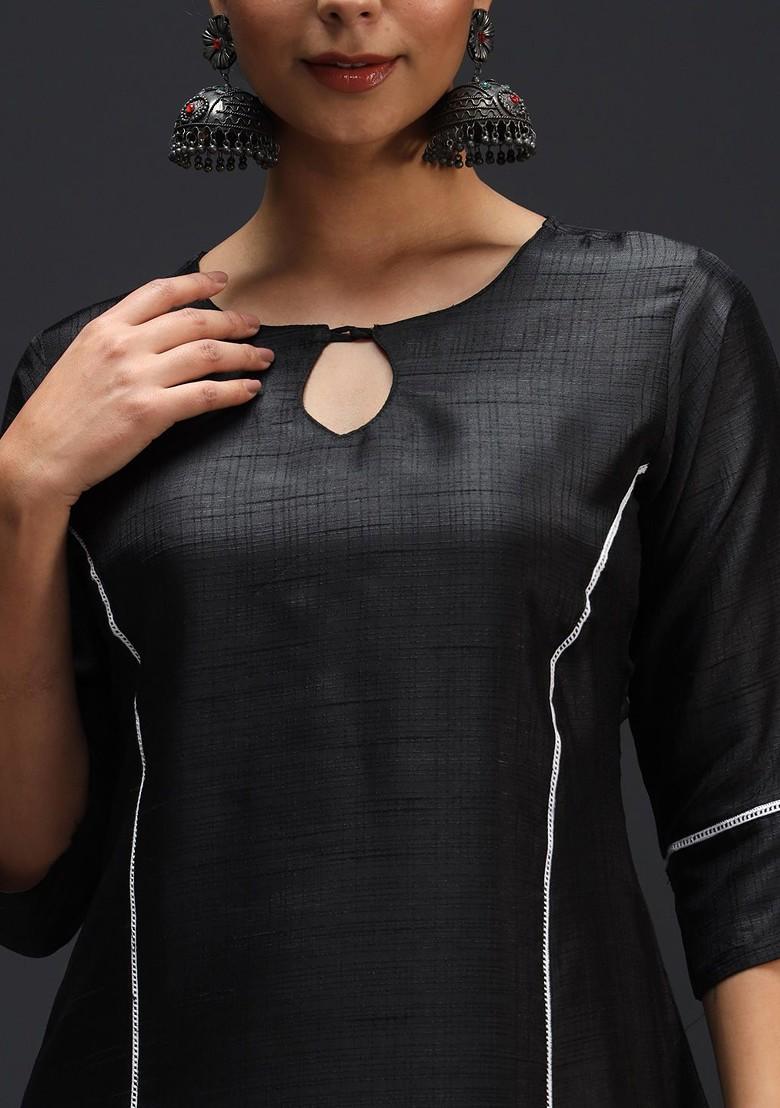 Black Solid Poly Blend Kurta Set