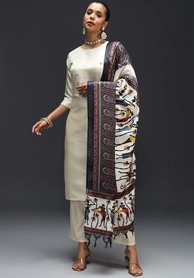 Cream Solid Poly Blend Kurta Set