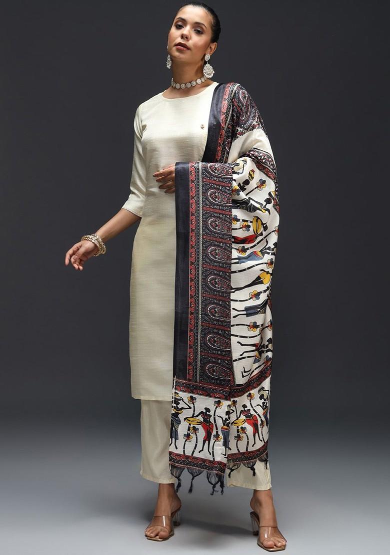Cream Solid Poly Blend Kurta Set