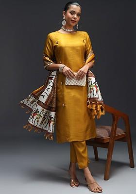 Mustard Solid Poly Blend Kurta Set