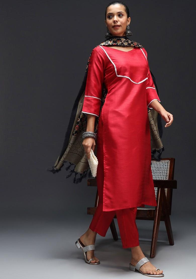Red Solid Poly Blend Kurta Set