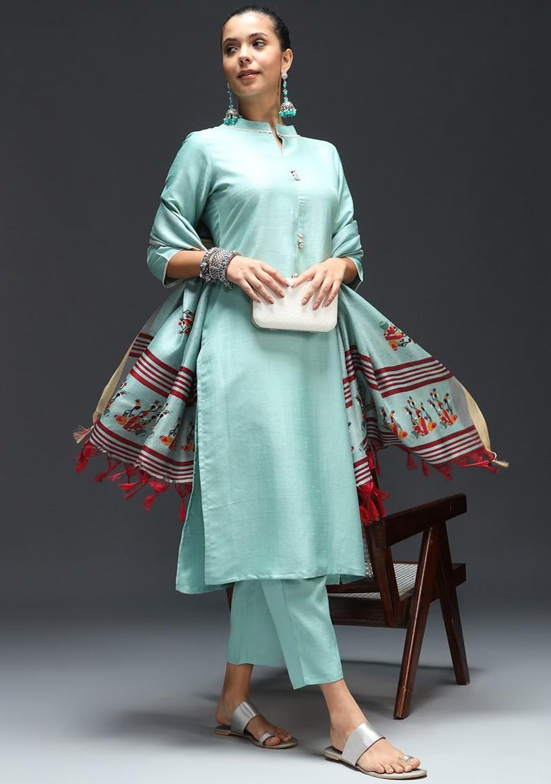 Blue Printed Poly Blend Kurta Set