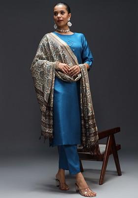Teal Solid Poly Blend Kurta Set
