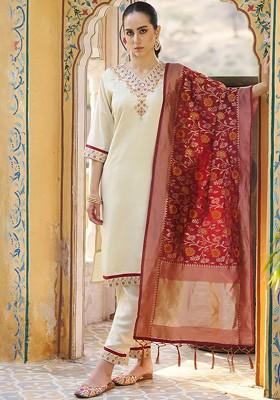 Cream Floral Embroidered Poly Blend Kurta Set