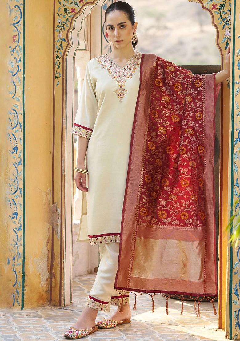 Cream Floral Embroidered Poly Blend Kurta Set