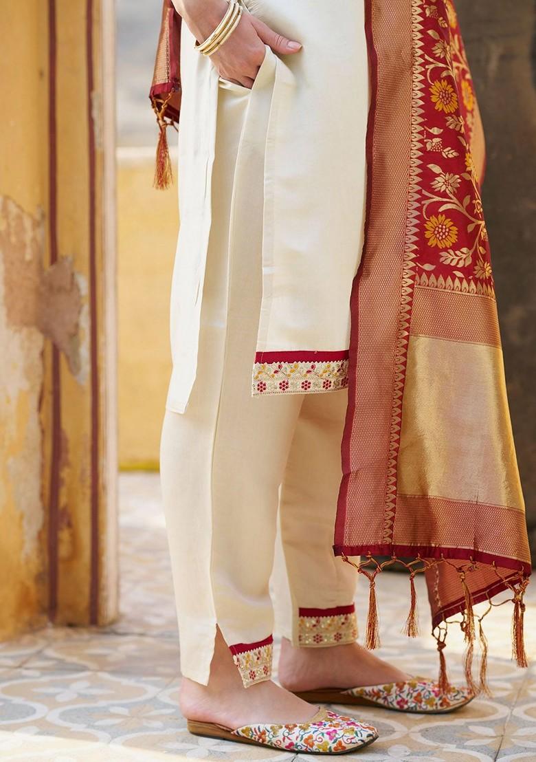 Cream Floral Embroidered Poly Blend Kurta Set