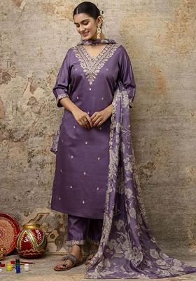 Lavender Floral Embroidered Poly Blend Kurta Set