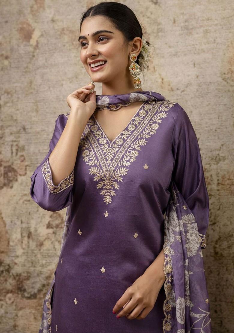 Lavender Floral Embroidered Poly Blend Kurta Set