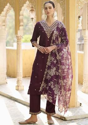 Purple Floral Embroidered Poly Blend Kurta Set