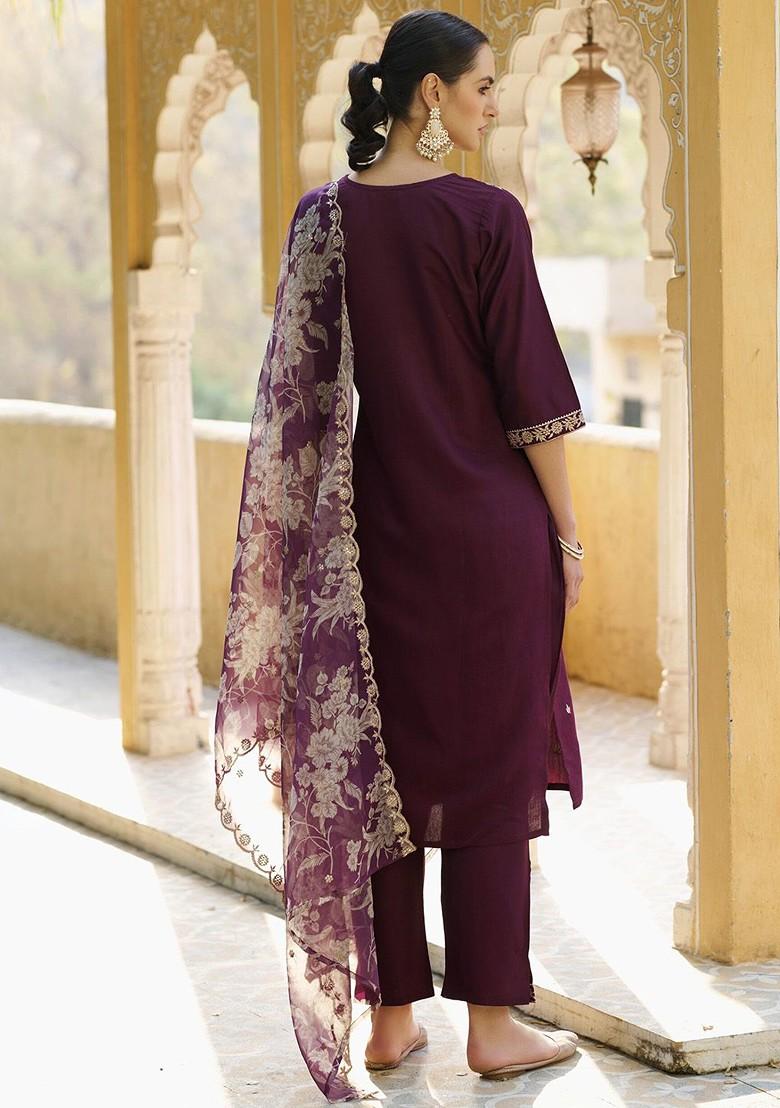 Purple Floral Embroidered Poly Blend Kurta Set