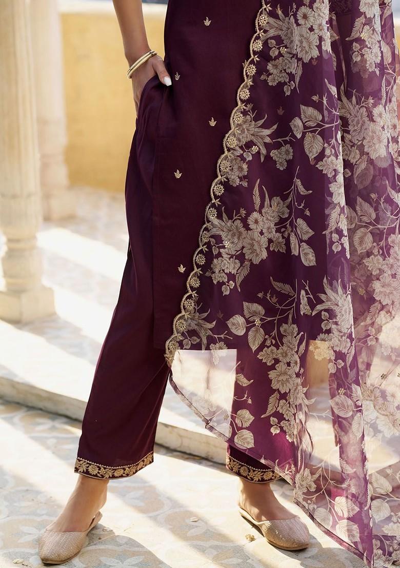 Purple Floral Embroidered Poly Blend Kurta Set