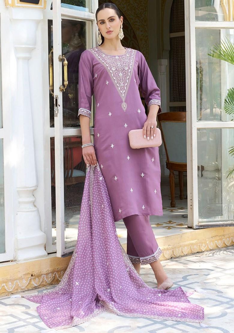 Lavender Floral Embroidered Poly Blend Kurta Set