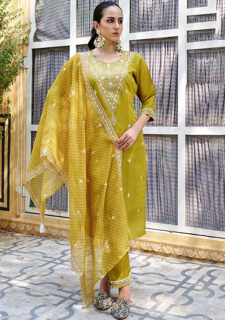 Yellow Printed Poly Blend Kurta Set