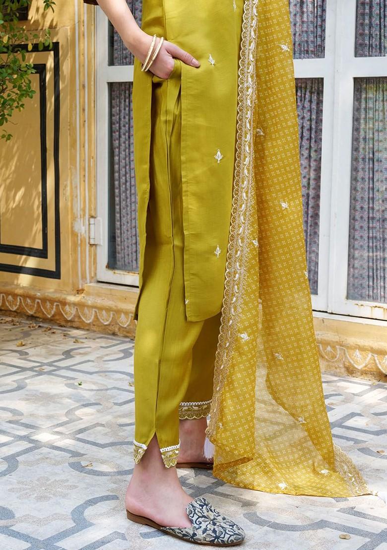 Yellow Printed Poly Blend Kurta Set