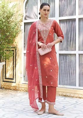 Peach Floral Embroidered Poly Blend Kurta Set
