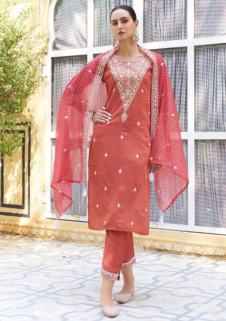 Peach Floral Embroidered Poly Blend Kurta Set