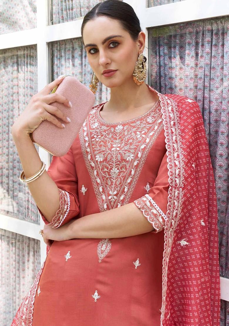 Peach Floral Embroidered Poly Blend Kurta Set