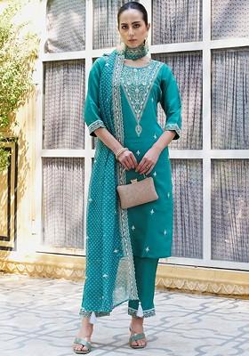 Teal Floral Embroidered Poly Blend Kurta Set