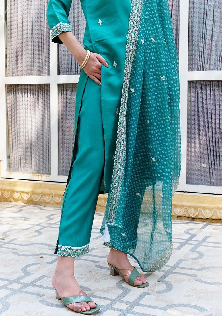 Teal Floral Embroidered Poly Blend Kurta Set