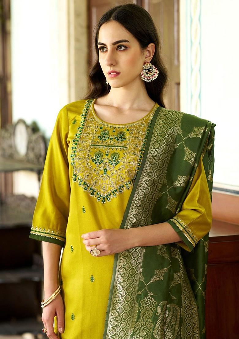 Yellow Floral Embroidered Poly Blend Kurta Set